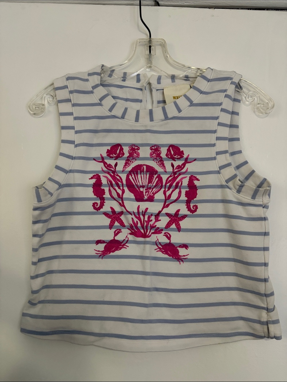Sleeveless Blue-White Striped Tank with Pink Sea Life Embroidery